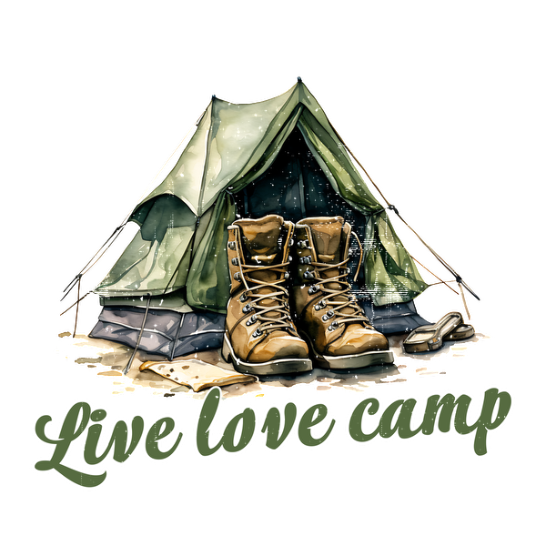 Una acogedora escena de campamento con una tienda de campaña verde y botas resistentes, acompañada de la frase "Vive, ama el campamento".