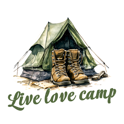 Una acogedora escena de campamento con una tienda de campaña verde y botas resistentes, acompañada de la frase "Vive, ama el campamento".