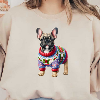 Este adorable bulldog francés está vestido con un suéter festivo y colorido adornado con patrones de acebo y copos de nieve.