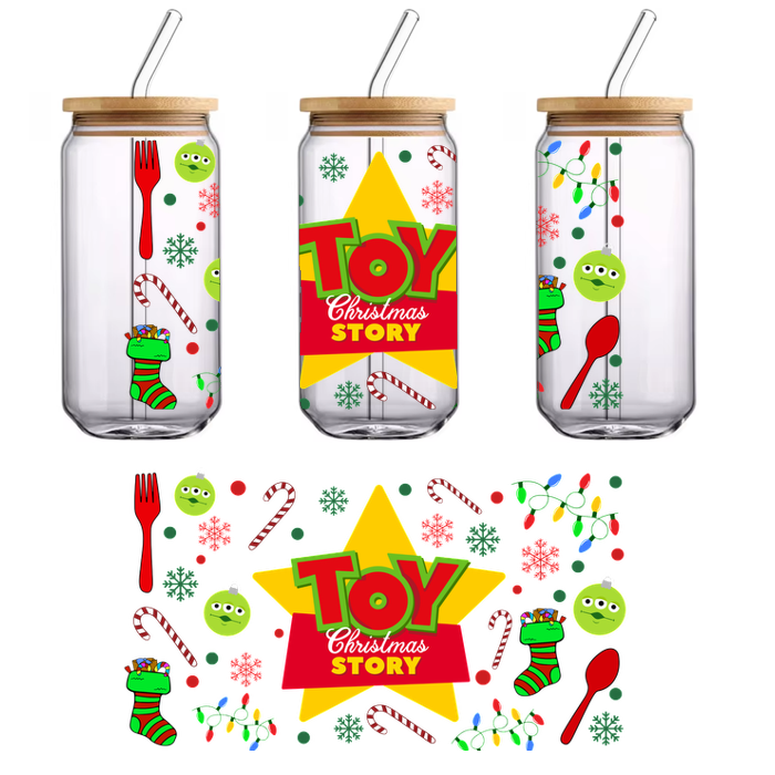 Celebrate the holiday spirit with this vibrant "Toy Christmas Story" graphic, featuring playful elements like ornaments, candy canes, and cheerful colors!UV Transfers heat press transfers