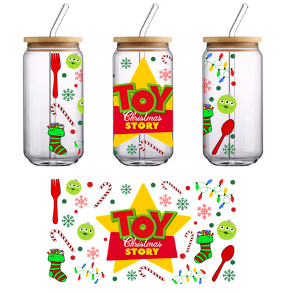 Celebrate the holiday spirit with this vibrant "Toy Christmas Story" graphic, featuring playful elements like ornaments, candy canes, and cheerful colors!UV Transfers heat press transfers