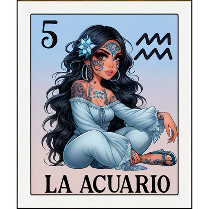 Una tarjeta bellamente ilustrada que presenta a una mujer con cabello largo, tatuajes y un acento floral, que encarna el signo de Acuario.