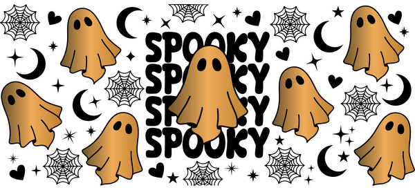 A whimsical collection of cute, cartoonish brown ghosts with wide eyes, playfully floating in a fun and spooky design.UV Transfersdtf regular iron