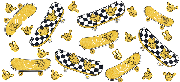 A vibrant pattern featuring playful skateboards in yellow with checkered designs and cheerful banana graphics, ready for fun!UV Transfers dtf prints