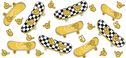 A vibrant pattern featuring playful skateboards in yellow with checkered designs and cheerful banana graphics, ready for fun!UV Transfers dtf prints