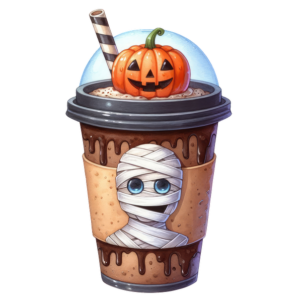 A festive Halloween-themed drink featuring a cute mummy and a smiling pumpkin on top of a chocolate shake. dtf prints