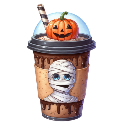 A festive Halloween-themed drink featuring a cute mummy and a smiling pumpkin on top of a chocolate shake. dtf prints