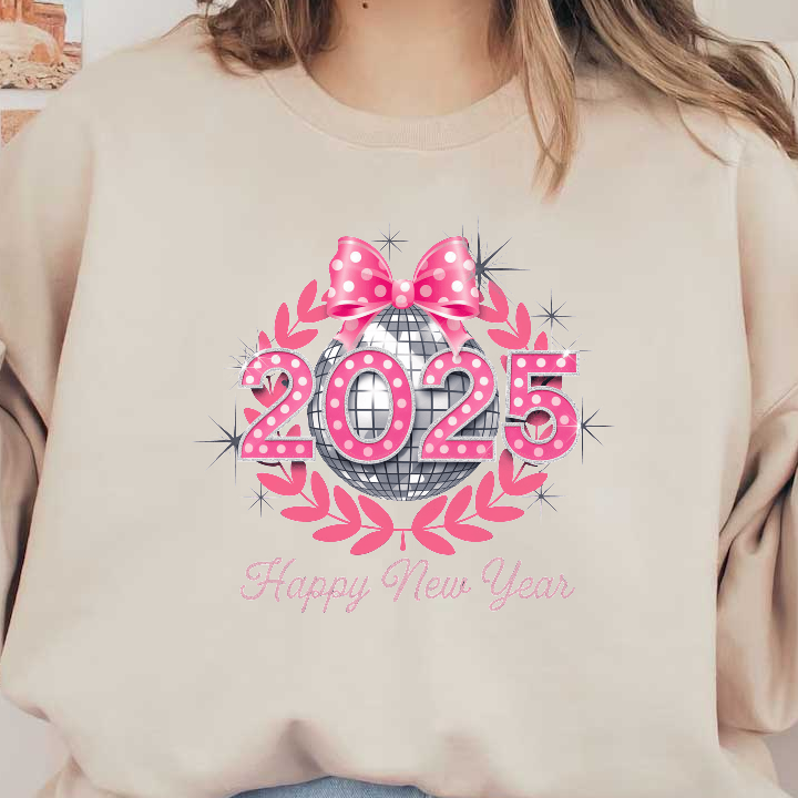 Celebrate the New Year in style with this festive 2025 design featuring a glittering disco ball and cheerful pink accents!DTF Transfers