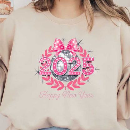 Celebrate the New Year in style with this festive 2025 design featuring a glittering disco ball and cheerful pink accents!DTF Transfers