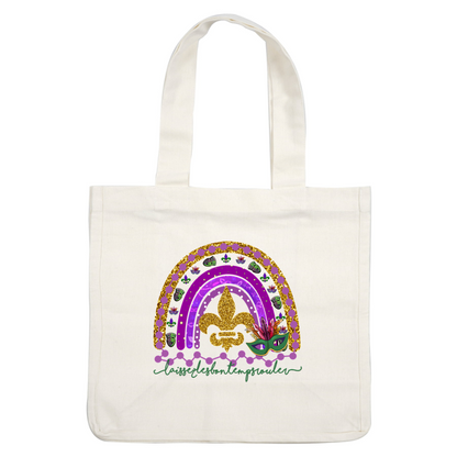 A vibrant Mardi Gras-themed design featuring colorful masks, a gold and purple rainbow, and the phrase "Laissez les bons temps rouler" in green.DTF Transfers