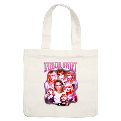 A vibrant collage featuring Taylor Swift with multiple photos showcasing her iconic looks and performances, highlighted by a bold title.DTF Transfers dtf prints