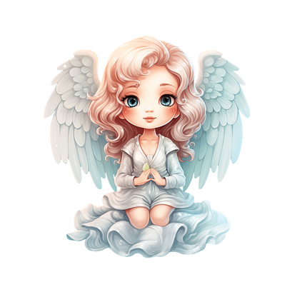 Un lindo ángel de estilo de dibujos animados, con cabello rosado rizado y suaves alas azules, vestido con un vestido blanco suelto.