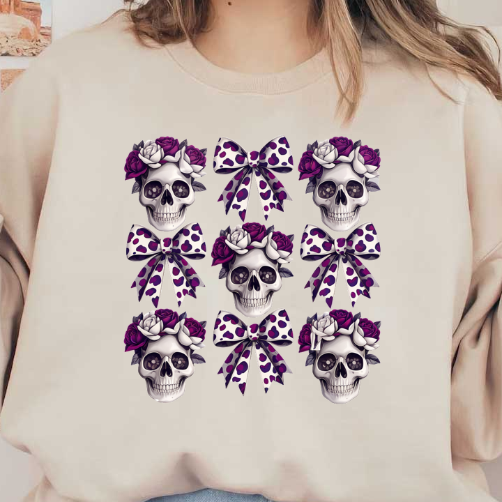 Un patrón vibrante y caprichoso que presenta calaveras adornadas con flores y lazos de lunares, combinando elementos góticos y divertidos.