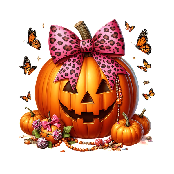 This vibrant Halloween scene features a cheerful jack-o'-lantern adorned with a pink leopard bow, surrounded by smaller pumpkins and butterflies.