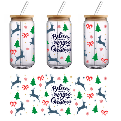 A festive holiday pattern featuring reindeer, Christmas trees, hearts, and snowflakes in vibrant colors with the phrase "Believe in Magic."UV Transfers dtf transfers