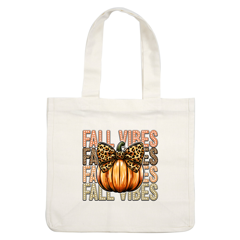 A vibrant orange pumpkin with a leopard print bow, featuring "Fall Vibes" text in the background for seasonal charm. dtf prints