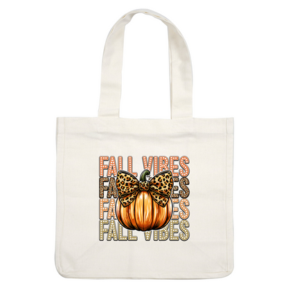 A vibrant orange pumpkin with a leopard print bow, featuring "Fall Vibes" text in the background for seasonal charm. dtf prints