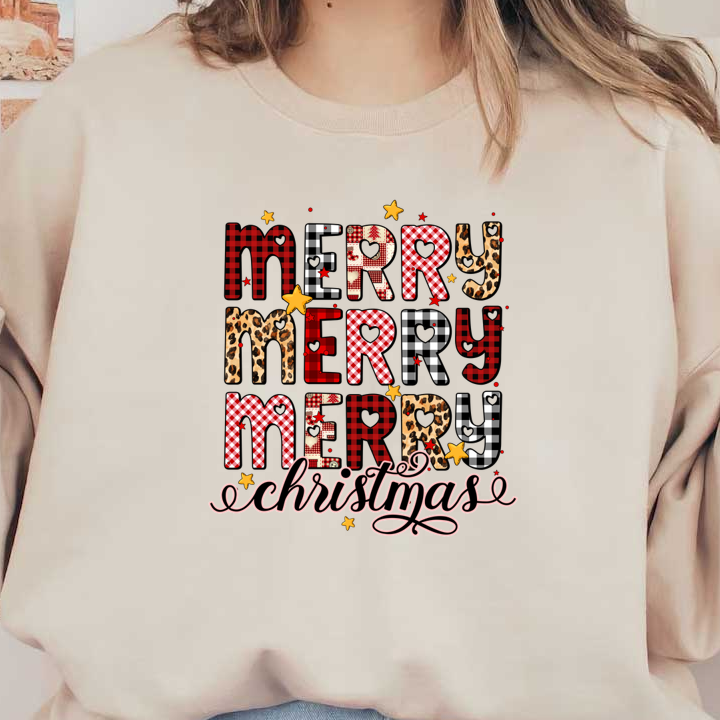 Festive "Merry Christmas" design featuring vibrant, patterned letters and playful stars, perfect for holiday cheer and celebrations.dtf regular iron