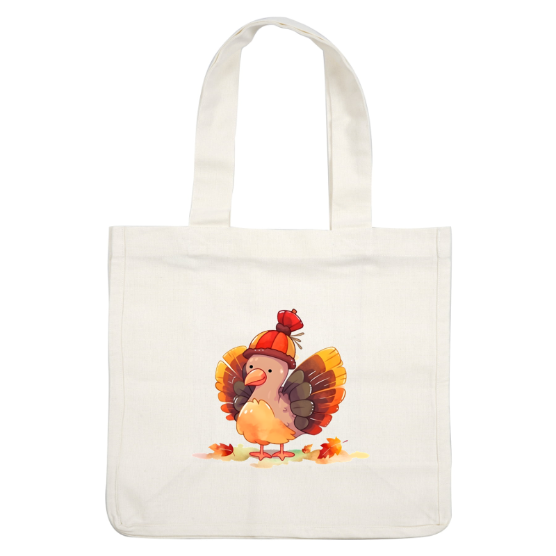 A cute cartoon turkey wearing a colorful hat, surrounded by vibrant autumn leaves, radiating playful charm. heat press transfers