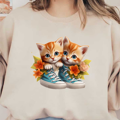 ¡Adorables gatitos gemelos en zapatillas turquesas, rodeados de flores coloridas, aportan un encanto caprichoso a cualquier entorno!