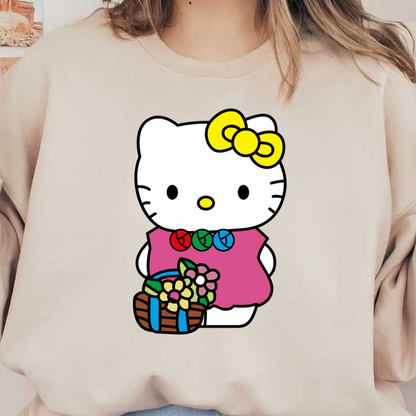 Meet Hello Kitty, wearing a cute pink dress adorned with colorful candies, and holding a basket of vibrant flowers!DTF Transfers