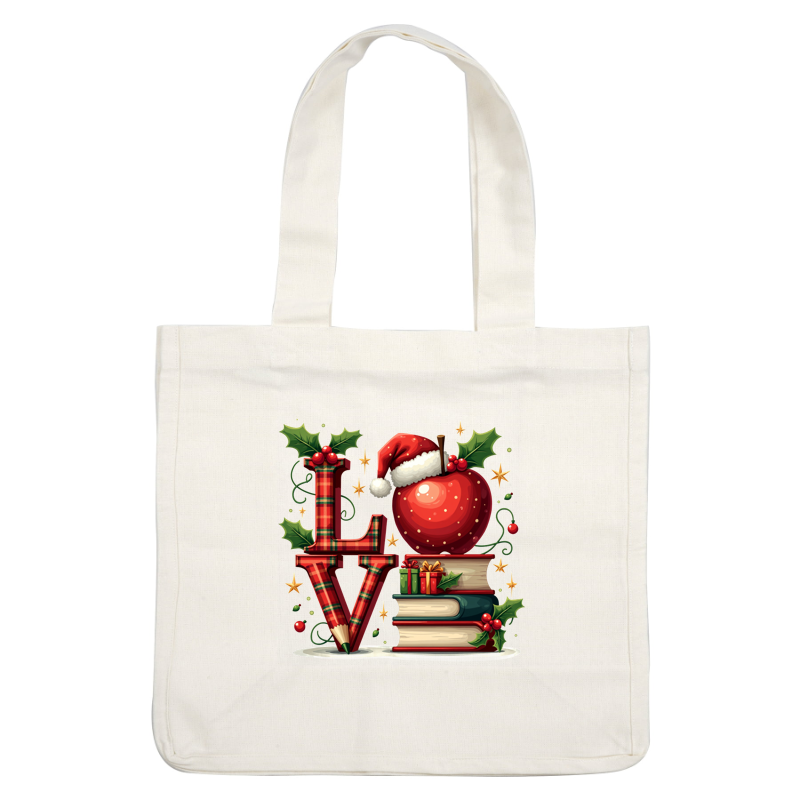 Festive illustration featuring plaid letters spelling "LOVE," stacked books, an apple wearing a Santa hat, and holiday decorations.DTF Transfers