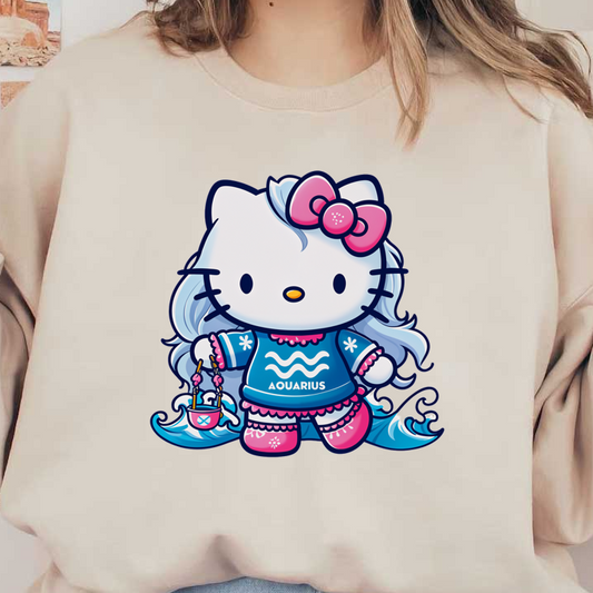 Hello Kitty is styled as an Aquarius with flowing hair, wearing a blue sweater adorned with the zodiac symbol and carrying a mini boat.DTF Transfers dtf prints