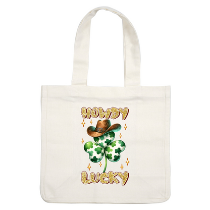 A playful design featuring a cowboy hat on a shamrock, with "Howdy Lucky" text and sparkling accents. dtf transfers