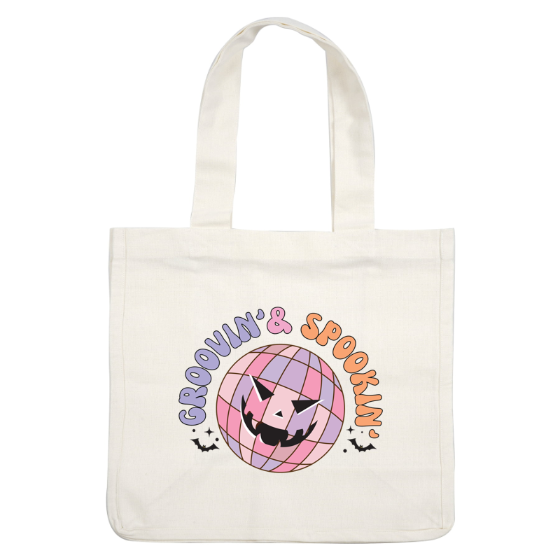 A playful graphic featuring a smiling, spooky disco ball with the fun text "Groovin' & Spookin'," perfect for Halloween vibes! heat press transfers