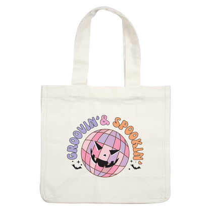 A playful graphic featuring a smiling, spooky disco ball with the fun text "Groovin' & Spookin'," perfect for Halloween vibes! heat press transfers