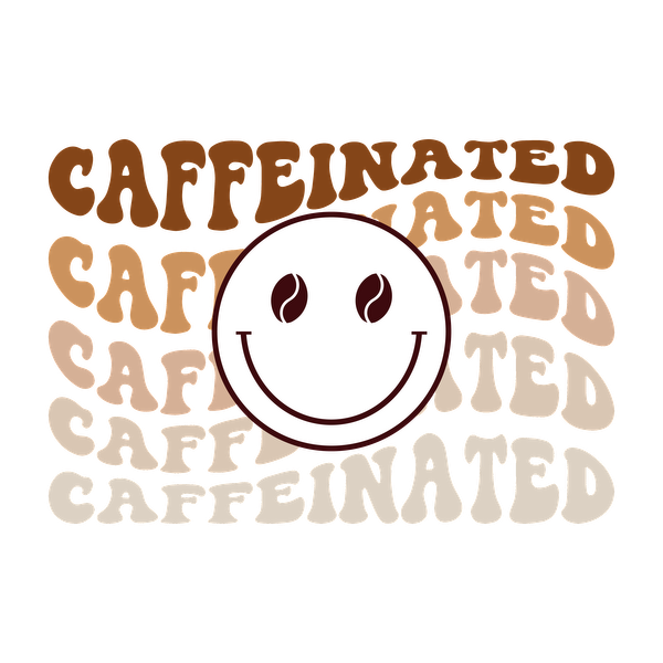 Un diseño divertido y alegre que presenta la palabra "Caffeinated" con una cara de grano de café sonriente, ¡perfecto para los amantes del café!