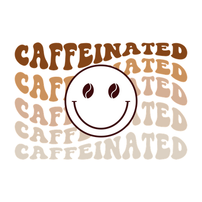 Un diseño divertido y alegre que presenta la palabra "Caffeinated" con una cara de grano de café sonriente, ¡perfecto para los amantes del café!