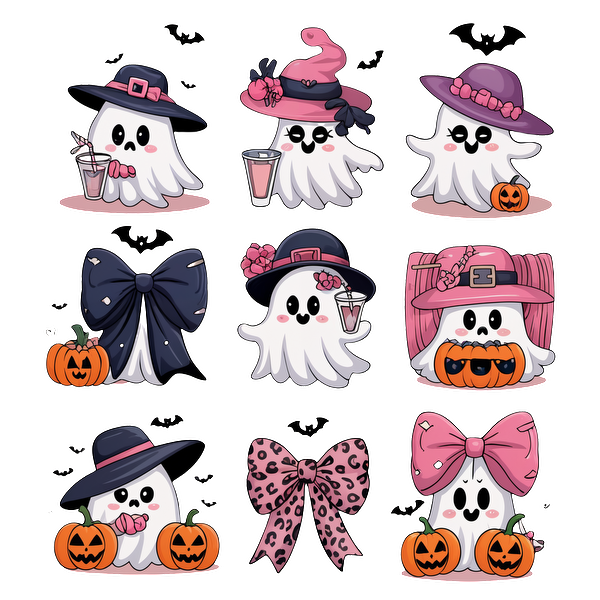 ¡Una divertida colección de lindos fantasmas caricaturescos que incluyen varios sombreros festivos, moños y detalles de calabaza, perfectos para la diversión de Halloween!