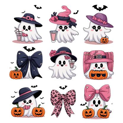 ¡Una divertida colección de lindos fantasmas caricaturescos que incluyen varios sombreros festivos, moños y detalles de calabaza, perfectos para la diversión de Halloween!