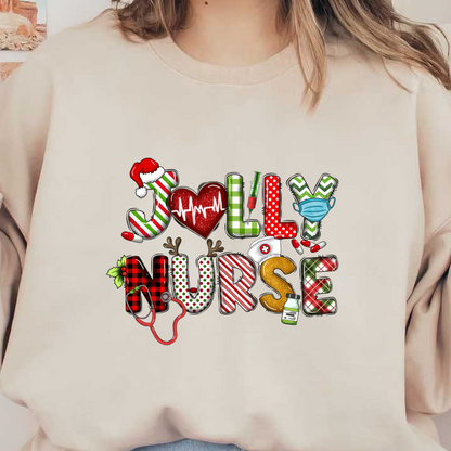 Celebrate the holiday spirit with this playful "Jolly Nurse" design featuring festive colors, medical symbols, and seasonal cheer!DTF Transfers