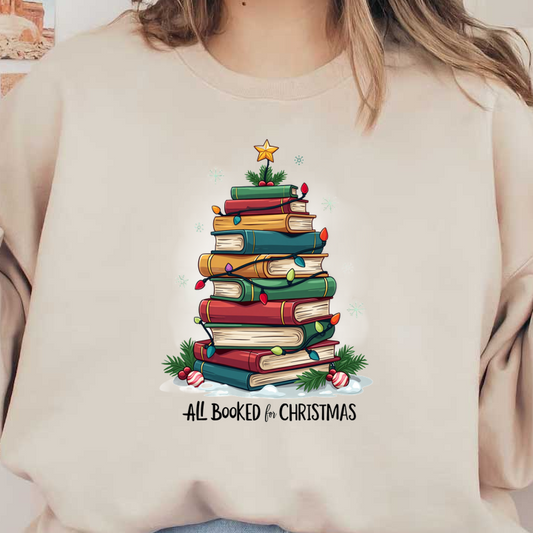 A whimsical holiday design featuring colorful stacked books adorned with Christmas lights, topped with a star and festive greenery.DTF Transfers