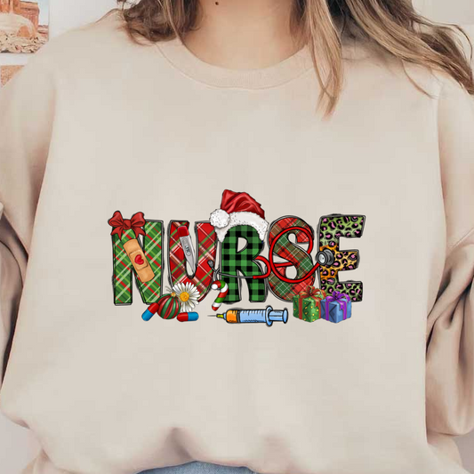 Celebrate the nursing profession with this festive, colorful design that features playful letters adorned with holiday symbols and medical tools!DTF Transfers heat press transfers dtf transfers