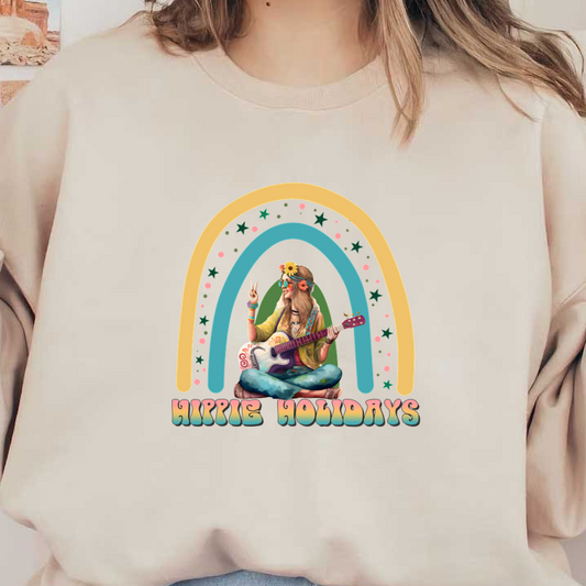 A colorful "Hippie Holidays" design featuring a flower-crowned girl playing guitar under a vibrant rainbow backdrop. dtf transfersdtf regular iron