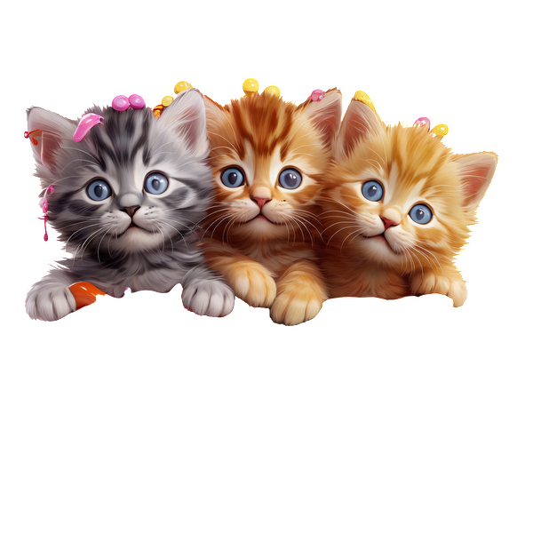 Three adorable kittens with different fur colors, wearing cute hair accessories and displaying charming expressions, perfect for a playful vibe!