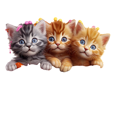 Three adorable kittens with different fur colors, wearing cute hair accessories and displaying charming expressions, perfect for a playful vibe!
