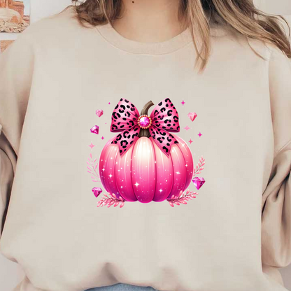 This whimsical pink pumpkin features a stylish leopard print bow and sparkling accents, perfect for a festive touch!