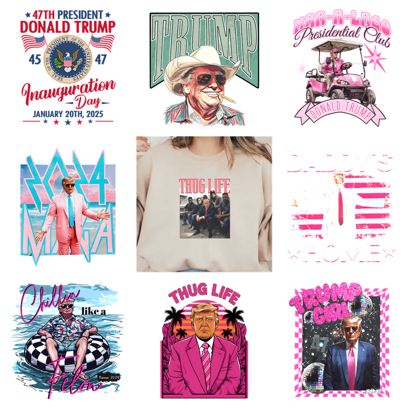 A collection of nine Trump-themed T-shirts with various designs.DTF Transfers