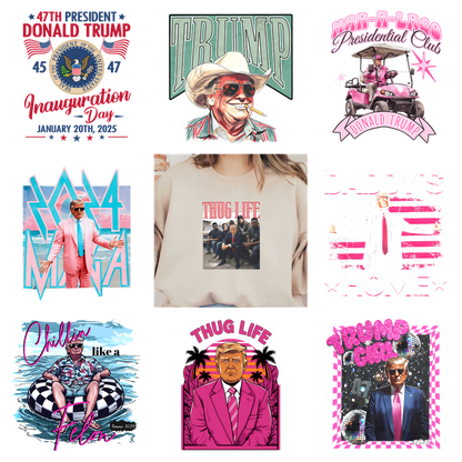 A collection of nine Trump-themed T-shirts with various designs.DTF Transfers