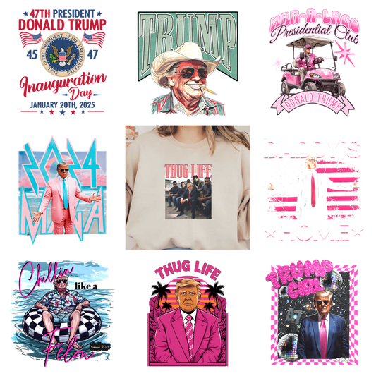 A collection of nine Trump-themed T-shirts with various designs.DTF Transfers
