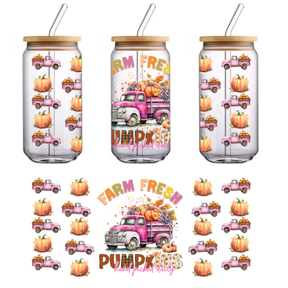 A charming design featuring a vintage pink truck full of pumpkins and autumn produce, with "Farm Fresh Pumpkins" text.UV Transfers dtf prints