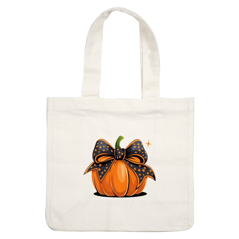 ¡Una calabaza naranja festiva adornada con un elegante lazo negro con patrones de estrellas, perfecta para decoraciones de Halloween!