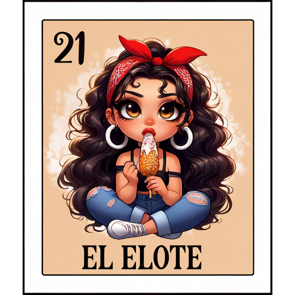 Una linda ilustración de una niña con cabello rizado y un pañuelo rojo, disfrutando de un elote, con el texto "El Elote" debajo.