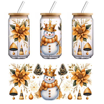 A cheerful snowman adorned with a golden crown and scarf, surrounded by elegant winter florals and festive decorations.UV Transfers heat press transfers