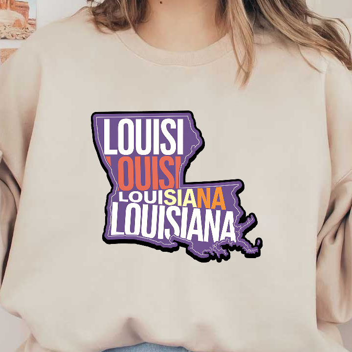 This vibrant Louisiana-shaped graphic features the name "Louisiana" in bold, colorful lettering, perfect for celebrating the state!DTF Transfers