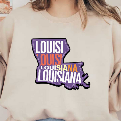 This vibrant Louisiana-shaped graphic features the name "Louisiana" in bold, colorful lettering, perfect for celebrating the state!DTF Transfers